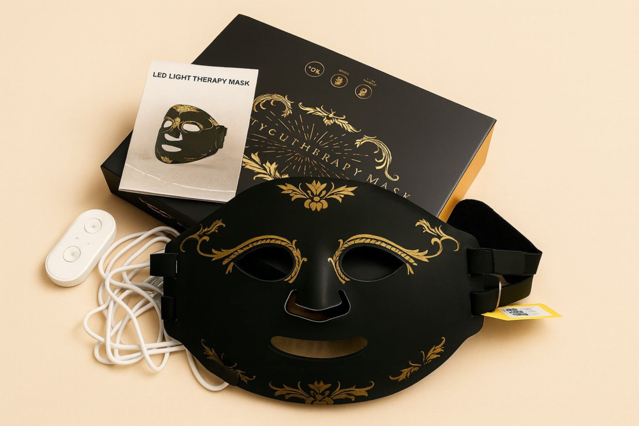 Black LED light therapy mask with packaging and remote control on a beige background