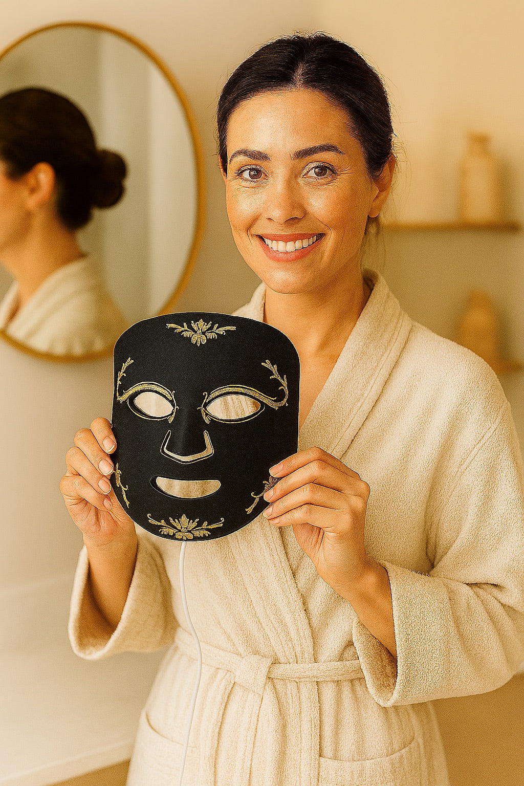 Woman in a robe holding a black face mask in front of a mirror.