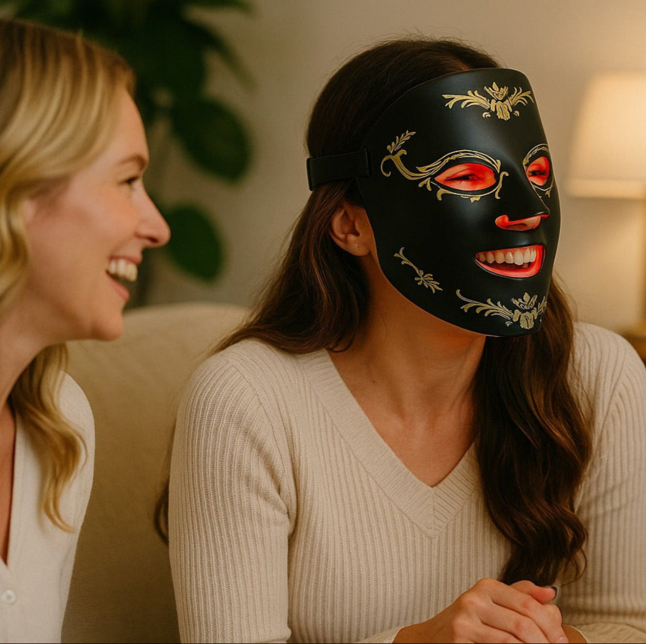 Woman wearing a decorative mask with two friends, all smiling indoors.