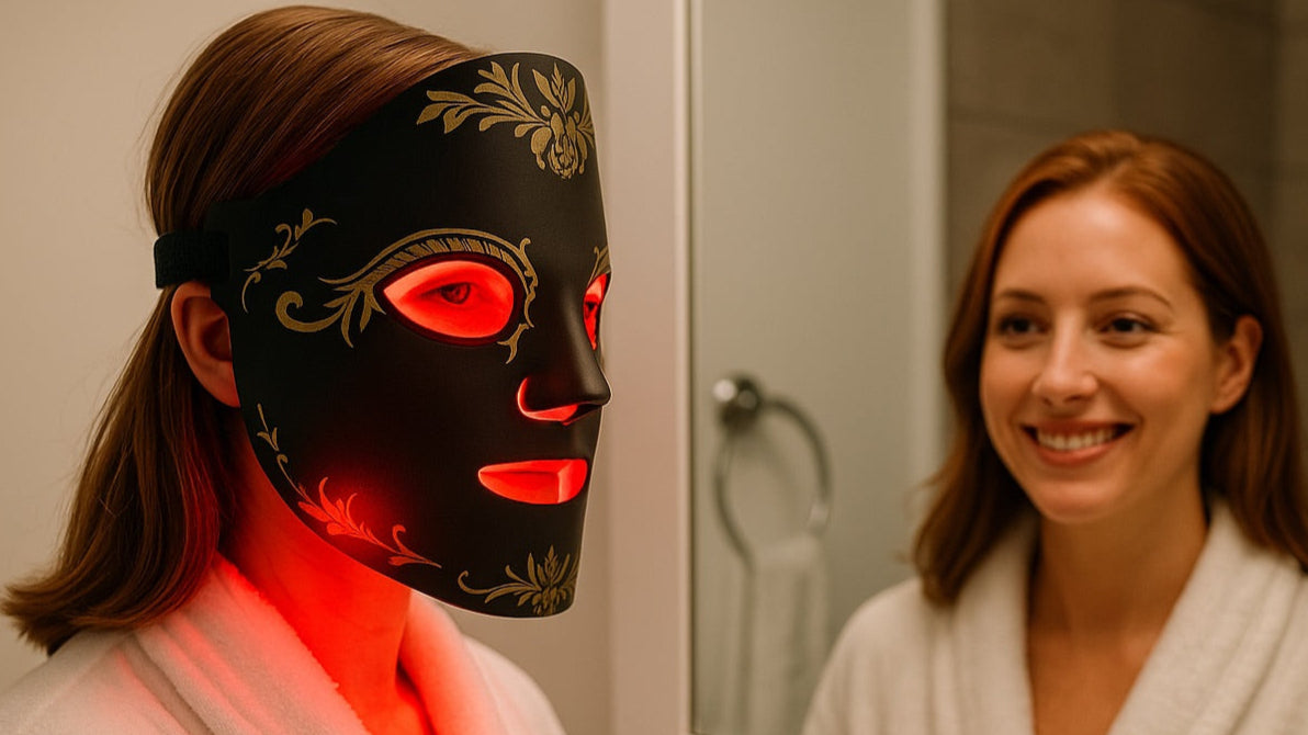 Woman wearing a black LED face mask with red lights in front of a mirror.