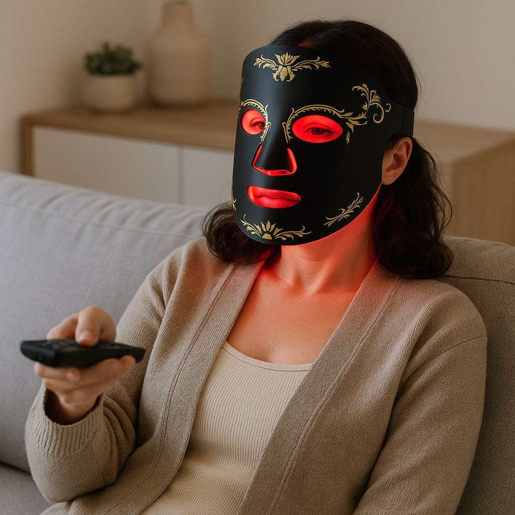 Ashley wearing a NuYOU360 Red Light Therapy Mask sitting on a couch holding a remote control.