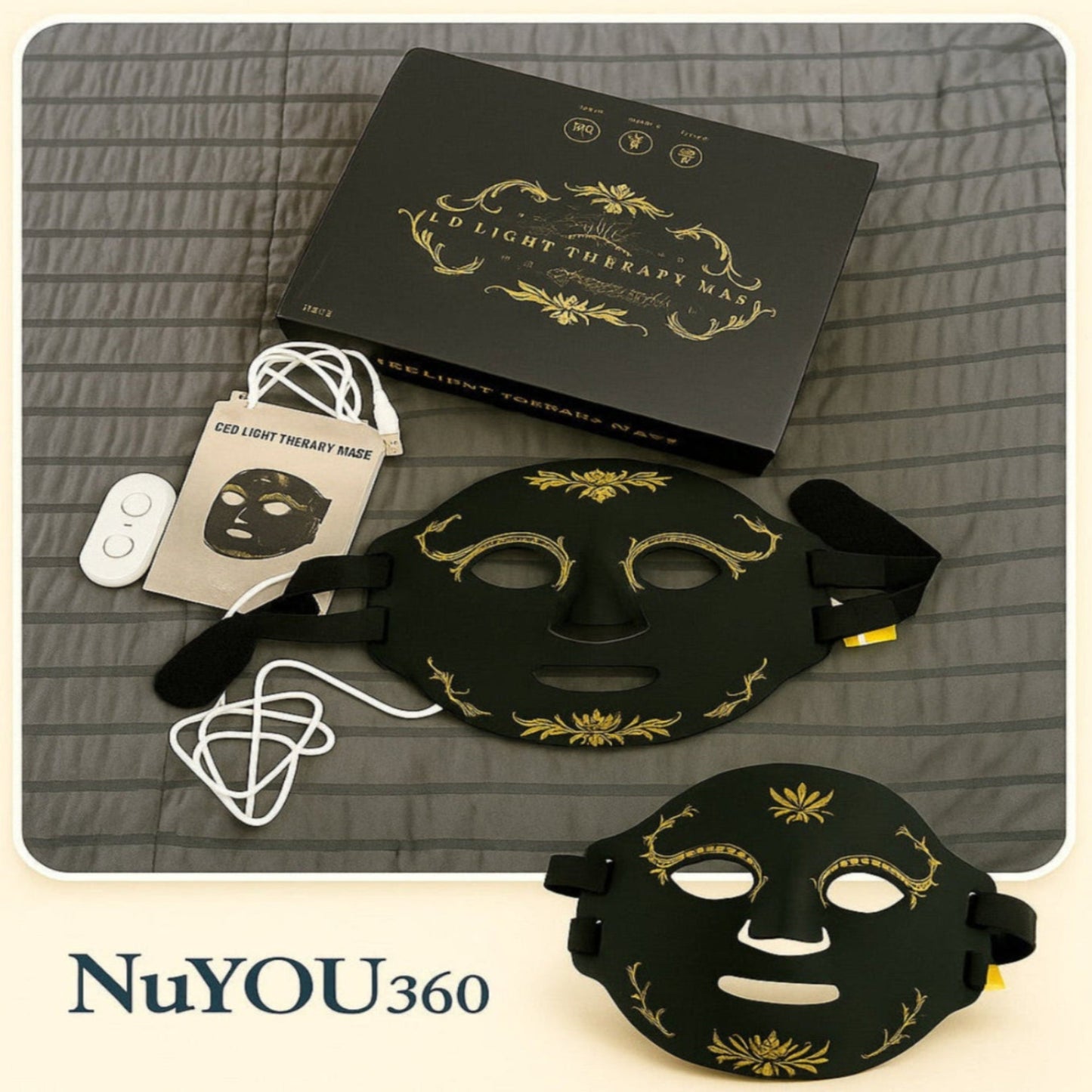 Black light therapy mask with packaging and accessories on a textured surface, branded 'NuYOU360'.