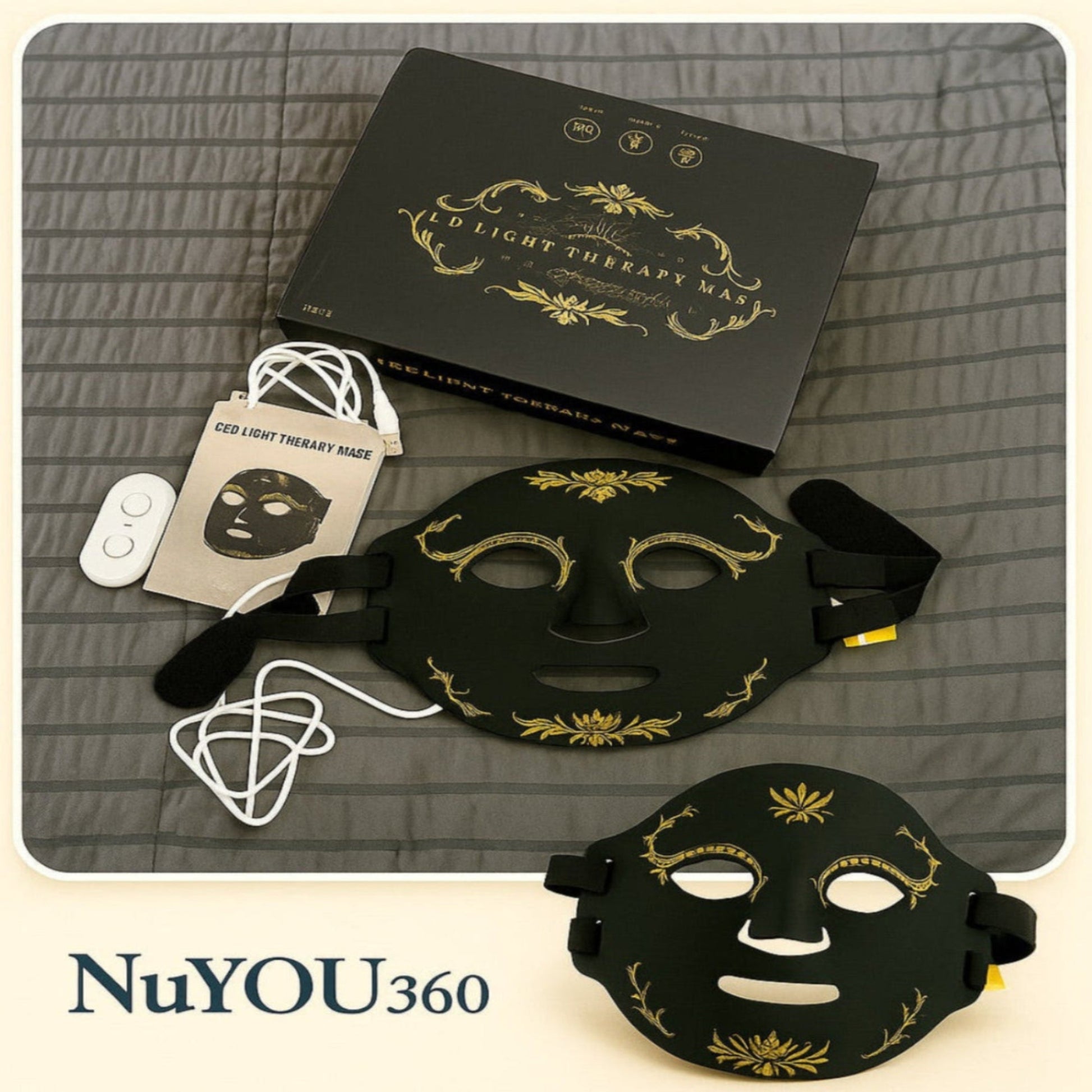 Black light therapy mask with packaging and accessories on a textured surface, branded 'NuYOU360'.