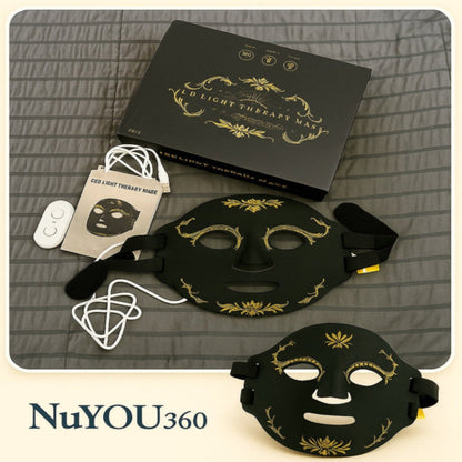 Black light therapy mask with packaging and accessories on a textured surface, branded 'NuYOU360'.
