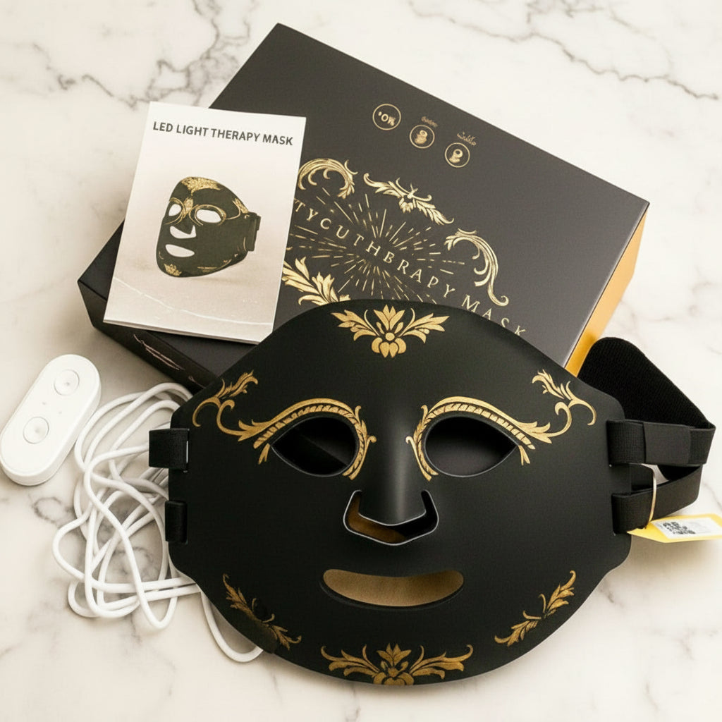 Black LED light therapy mask with packaging and remote control on a beige background