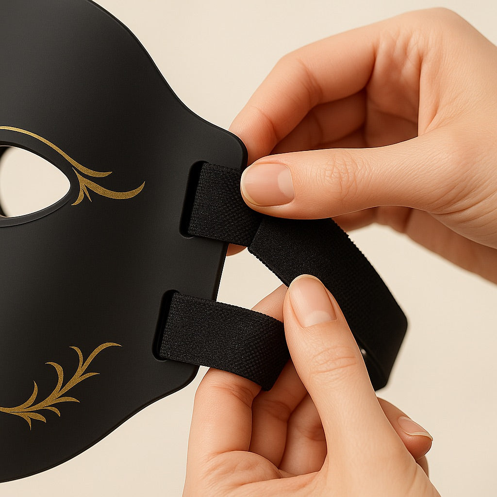 Black mask with gold accents held by hands against a beige background