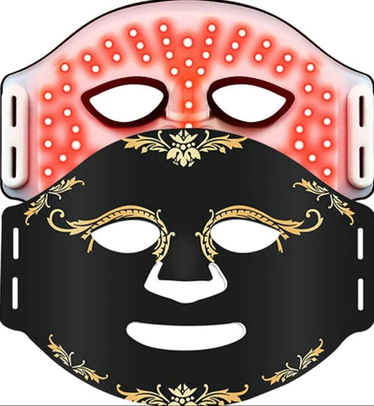 Facial mask with decorative design and usage instructions on a white background