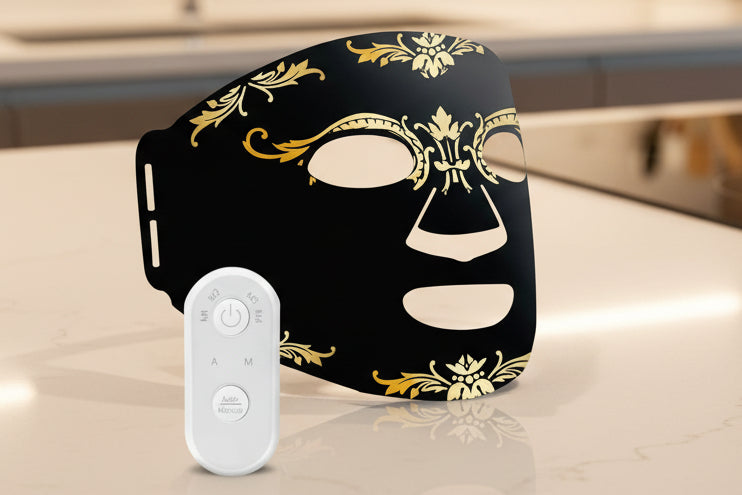 Skin care mask with light effects and features on a white background