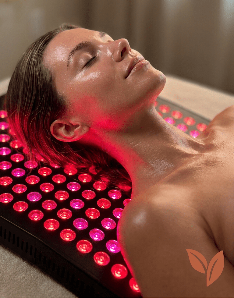 Woman receiving red light therapy on her face and neck.