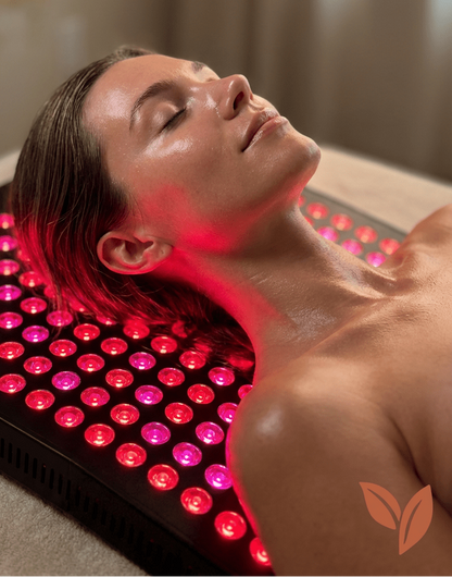 Woman receiving red light therapy on her face and neck.