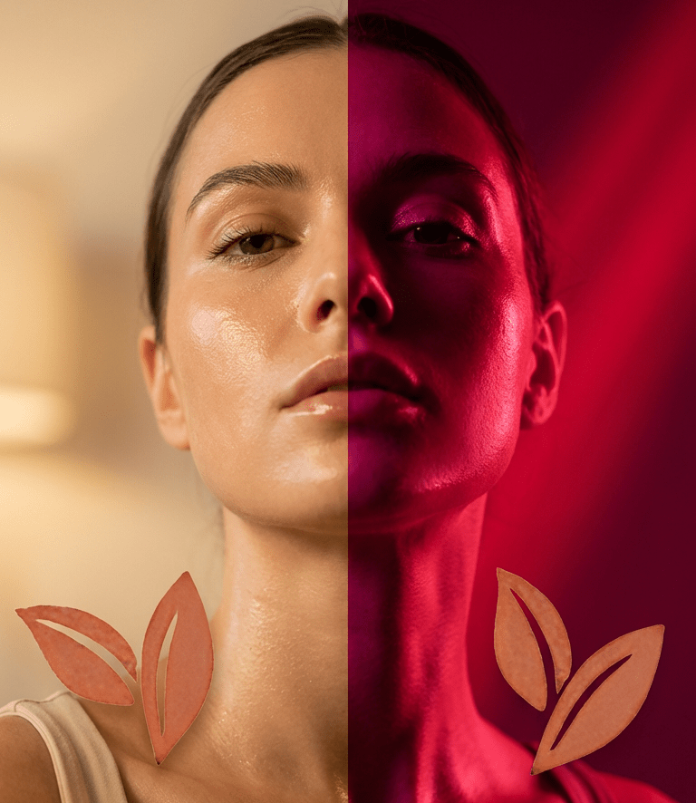 Woman's face split between beige and red with leaf graphics