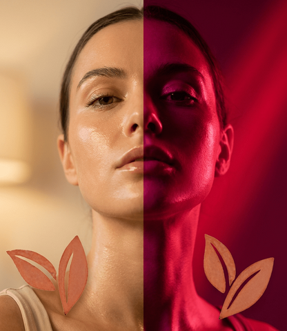Woman's face split between beige and red with leaf graphics