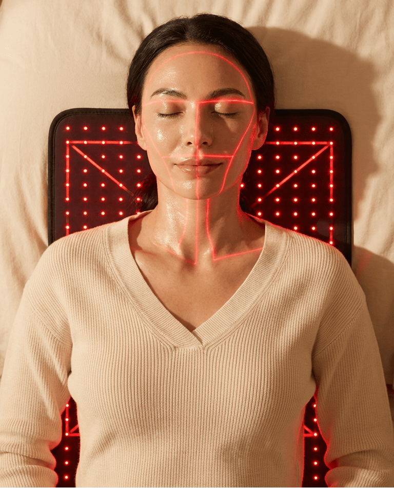 Woman using a light therapy device with text 'Glow From Within: 30-Minute Light Therapy Ritual' above her.