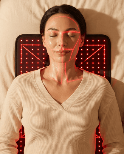 Woman using a light therapy device with text 'Glow From Within: 30-Minute Light Therapy Ritual' above her.