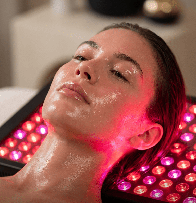 Woman receiving LED light therapy on her face with text 'Spa-Grade Glow, Now at Home'.
