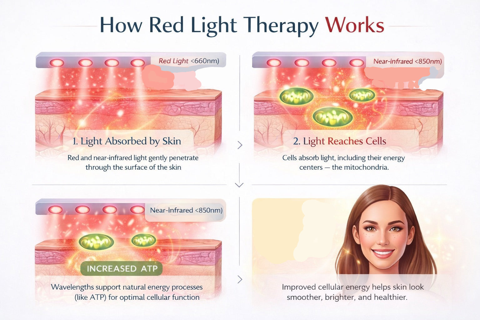 Red Light Therapy How It Works Diagram explaining how red light therapy works with labeled steps and a woman's face showing improved skin.