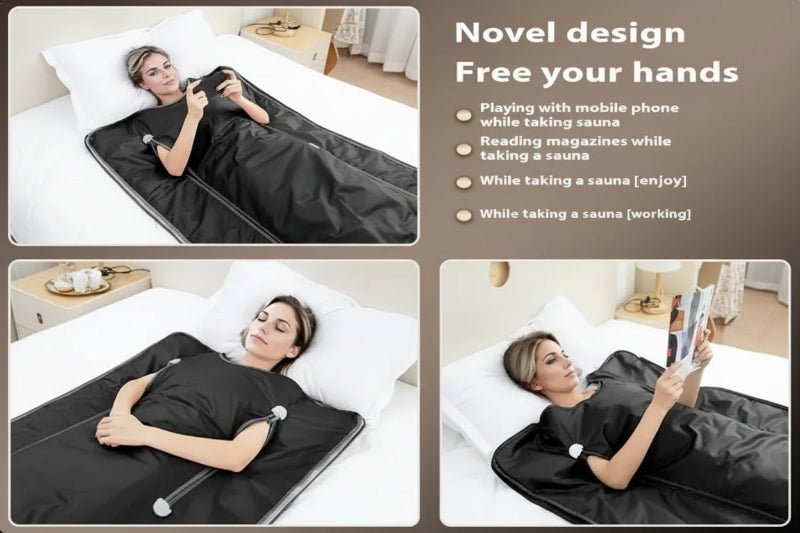 Woman using a black sauna blanket with text highlighting its features.