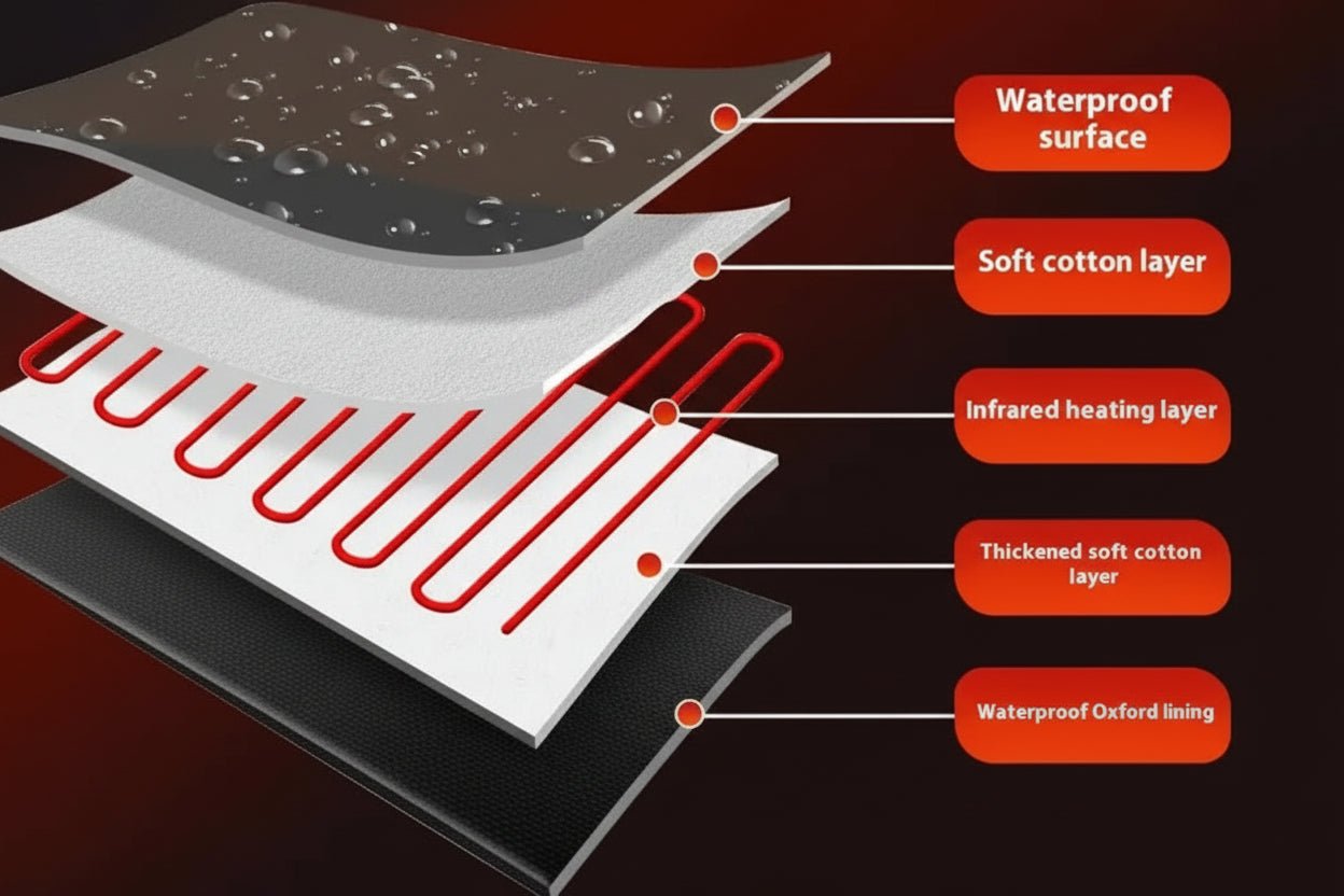 Diagram of a sauna blanket with labeled layers on a dark background