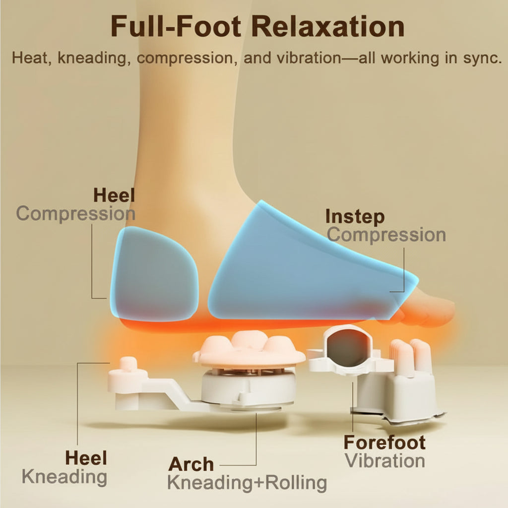 Foot massager device with labeled parts on a beige background