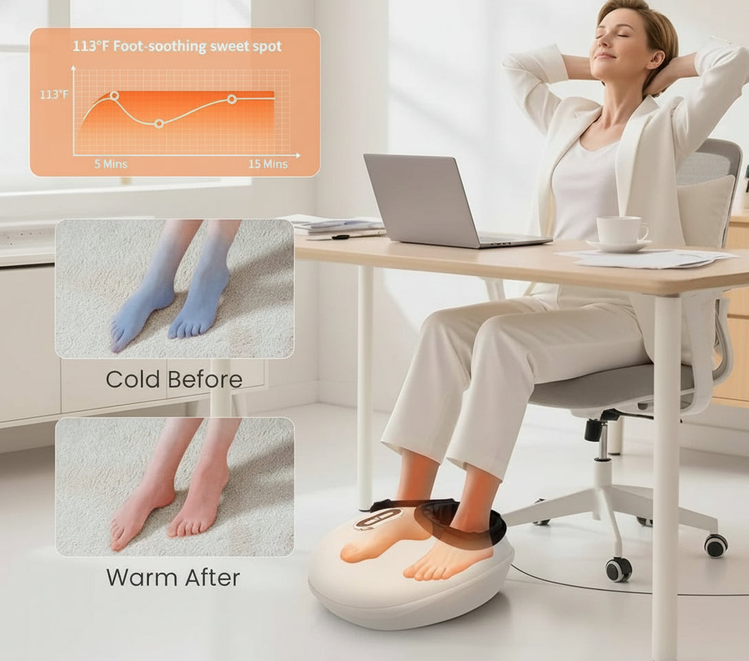 Woman using a foot massager at a desk with before and after effects shown.