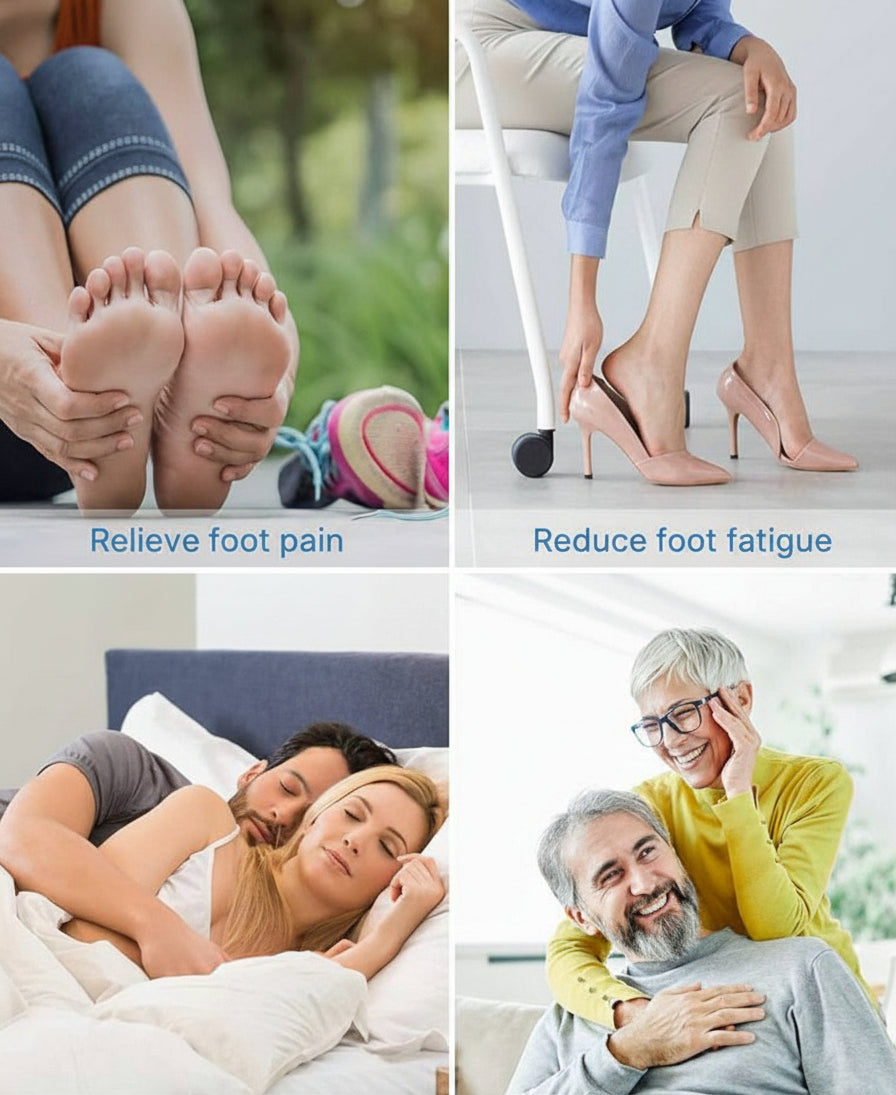 Collage of people with foot care benefits including relief from foot pain, reduction of foot fatigue, improvement of sleep, and promotion of organism health.