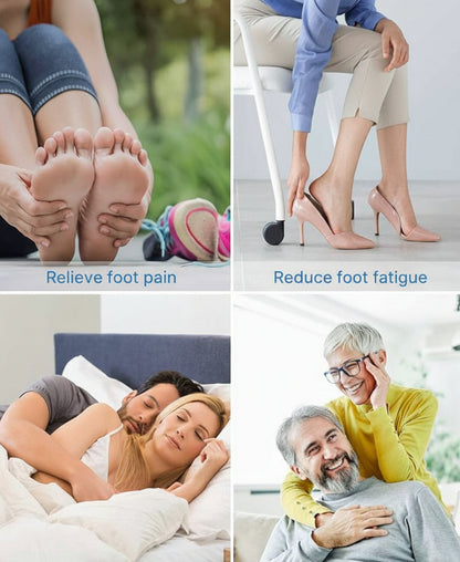 Collage of people with foot care benefits including relief from foot pain, reduction of foot fatigue, improvement of sleep, and promotion of organism health.