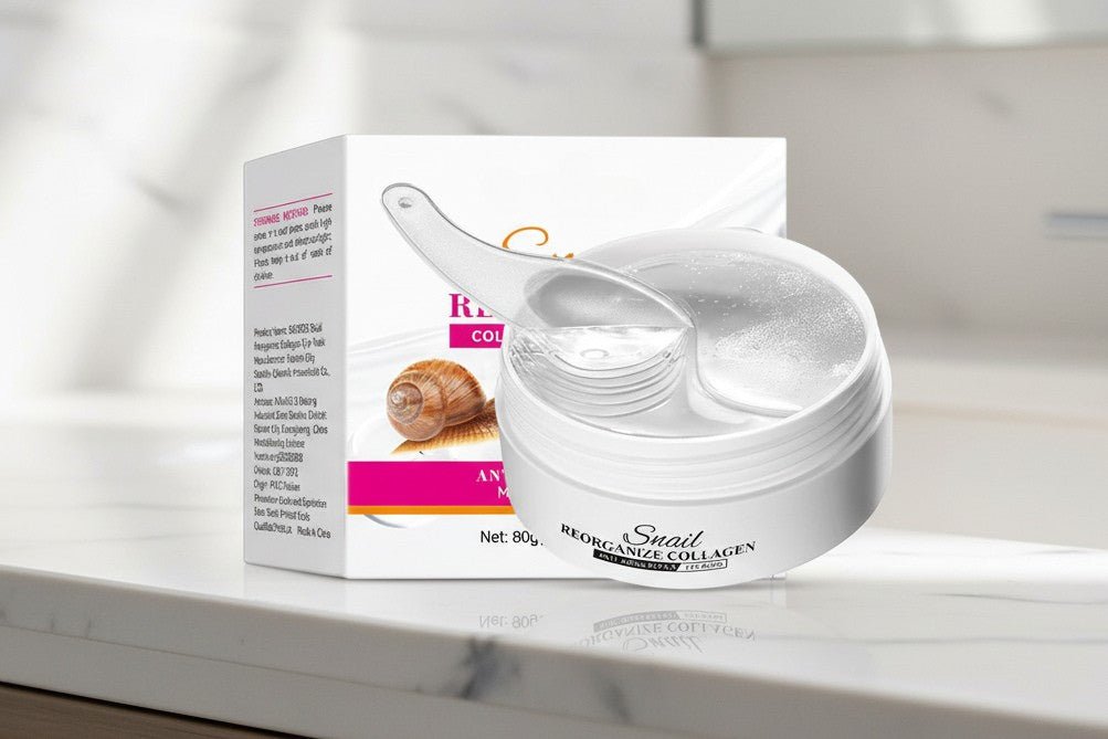 White jar of snail cream with packaging on a white surface