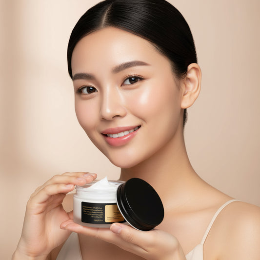 Cosmetic jar with black lid on a white background