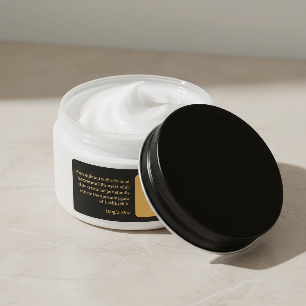 Cosmetic jar with black lid on a white background