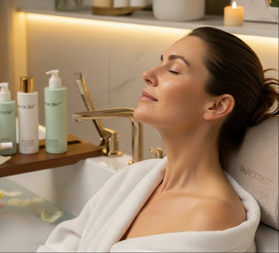Woman relaxing in a spa setting with NuYou360 skincare products displayed.