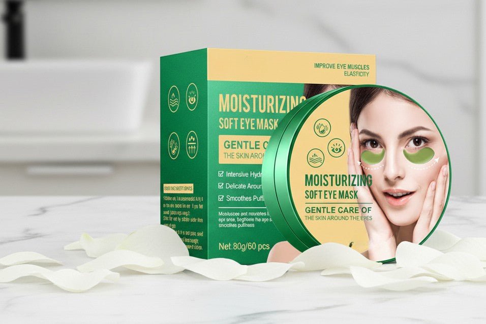 Packaging of moisturizing soft eye masks with a woman's face on it, on a white background.