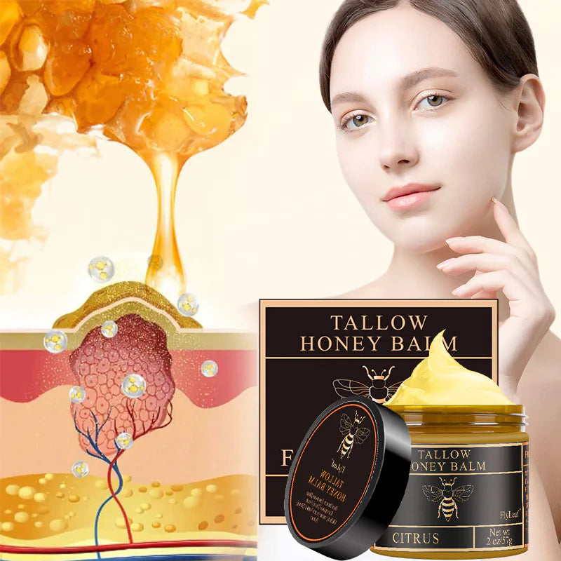 Tallow honey balm product with a woman's face and honey illustration