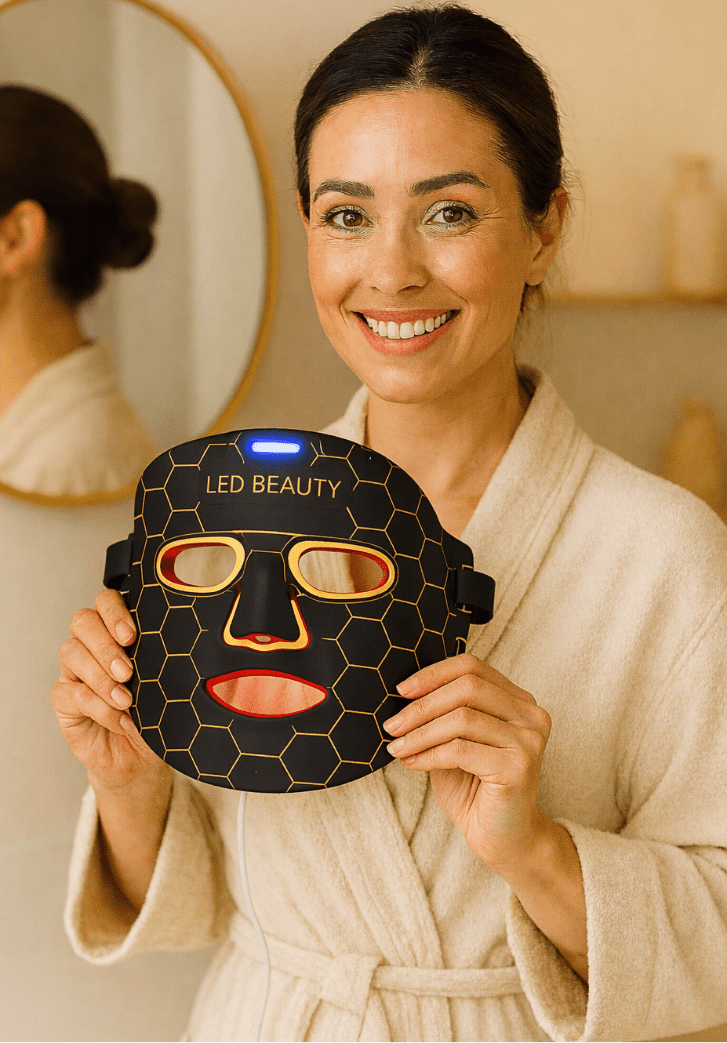 Woman in a bathrobe holding an LED beauty mask in a bathroom setting.