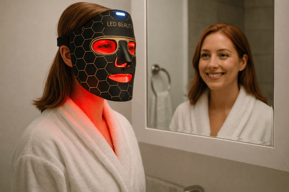 Woman wearing a LED beauty mask in front of a mirror
