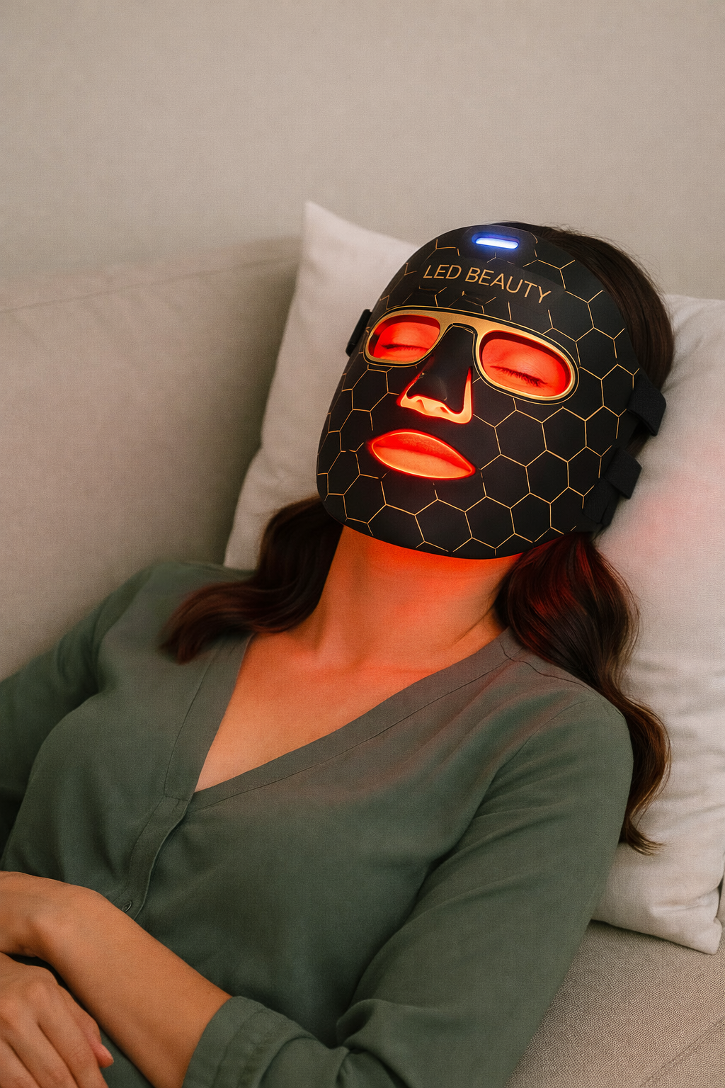 Person wearing a LED beauty mask with red lights on a couch.