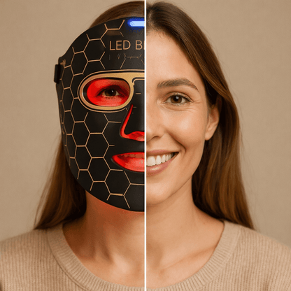 LED beauty mask with honeycomb design on a beige background