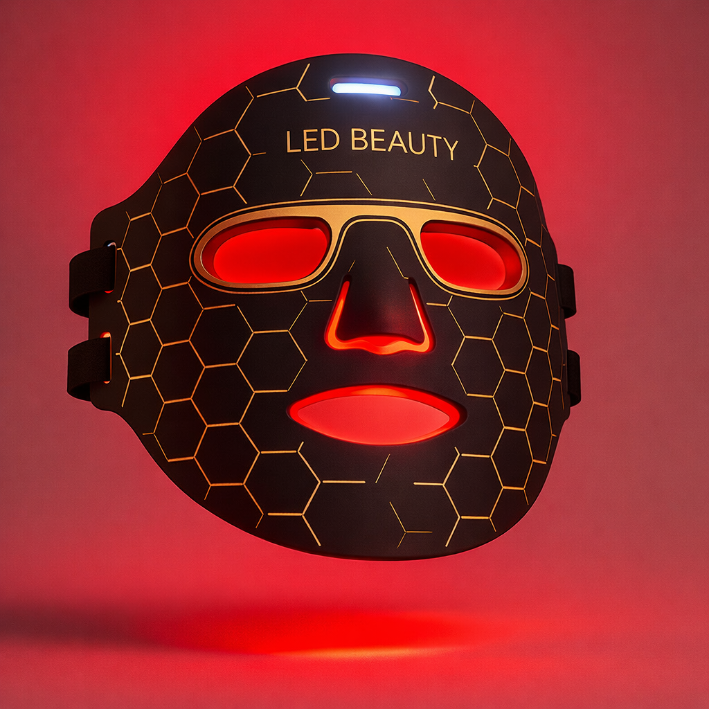 LED beauty mask with honeycomb design on a red background