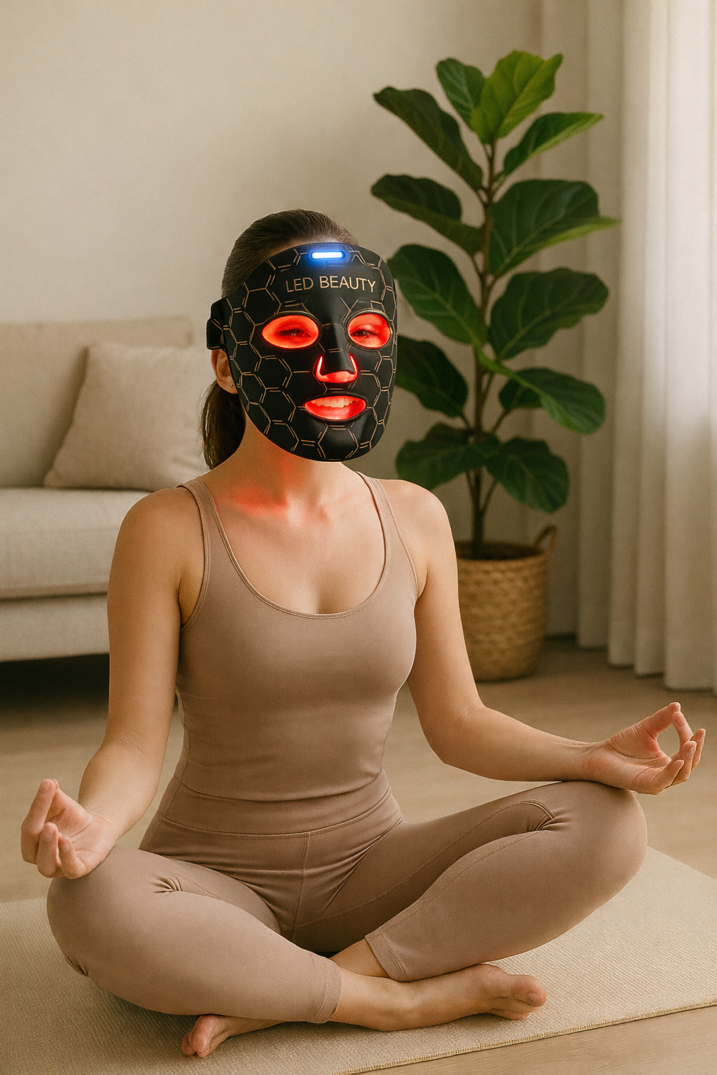 Person wearing a LED beauty face mask in a home setting