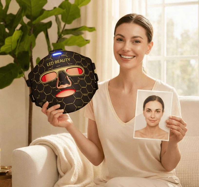 Woman holding a LED beauty mask and a before-and-after photo in a cozy living room.