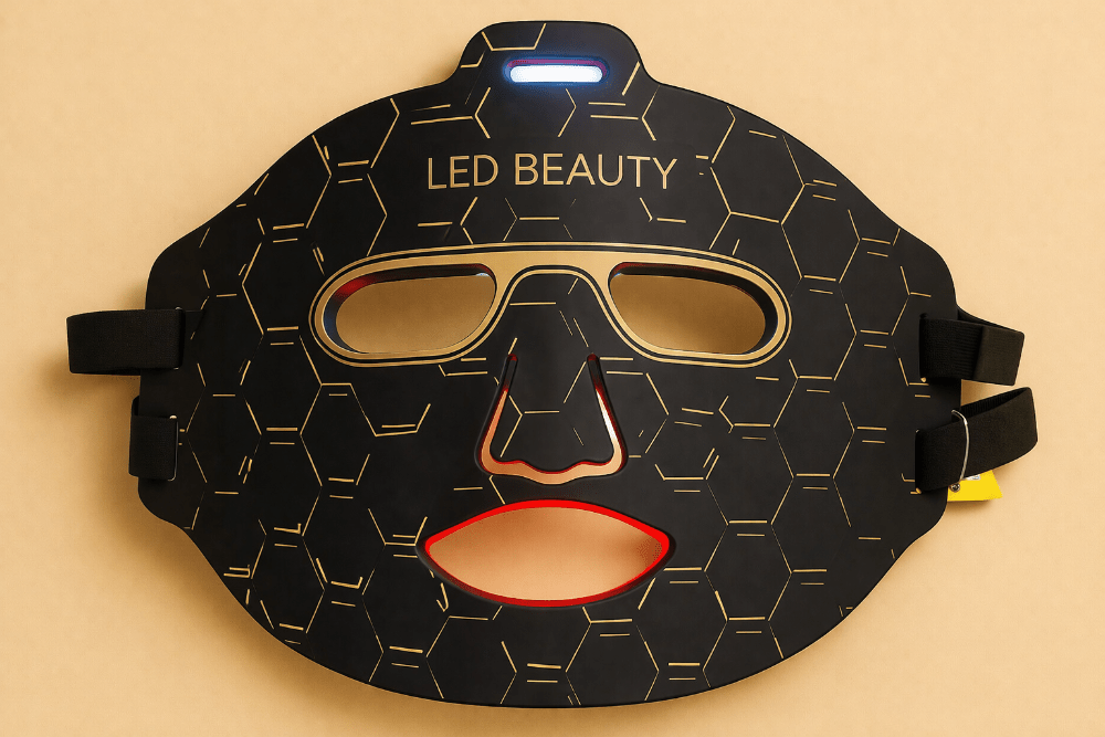 LED beauty mask with geometric design on a beige background