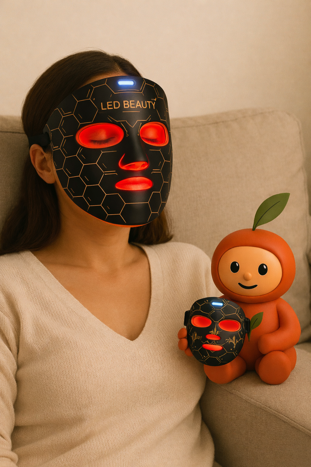 Person wearing a LED beauty mask with a matching plush toy on a couch.