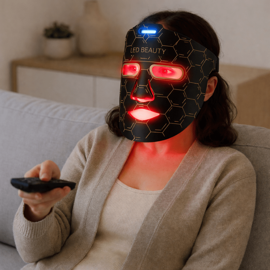 Person wearing a LED beauty mask with red and blue lights, sitting on a couch.