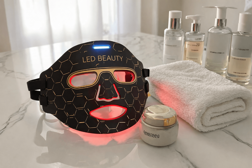 LED beauty mask on a marble surface with skincare products