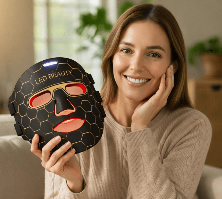 Woman holding a LED beauty mask with a blurred indoor background