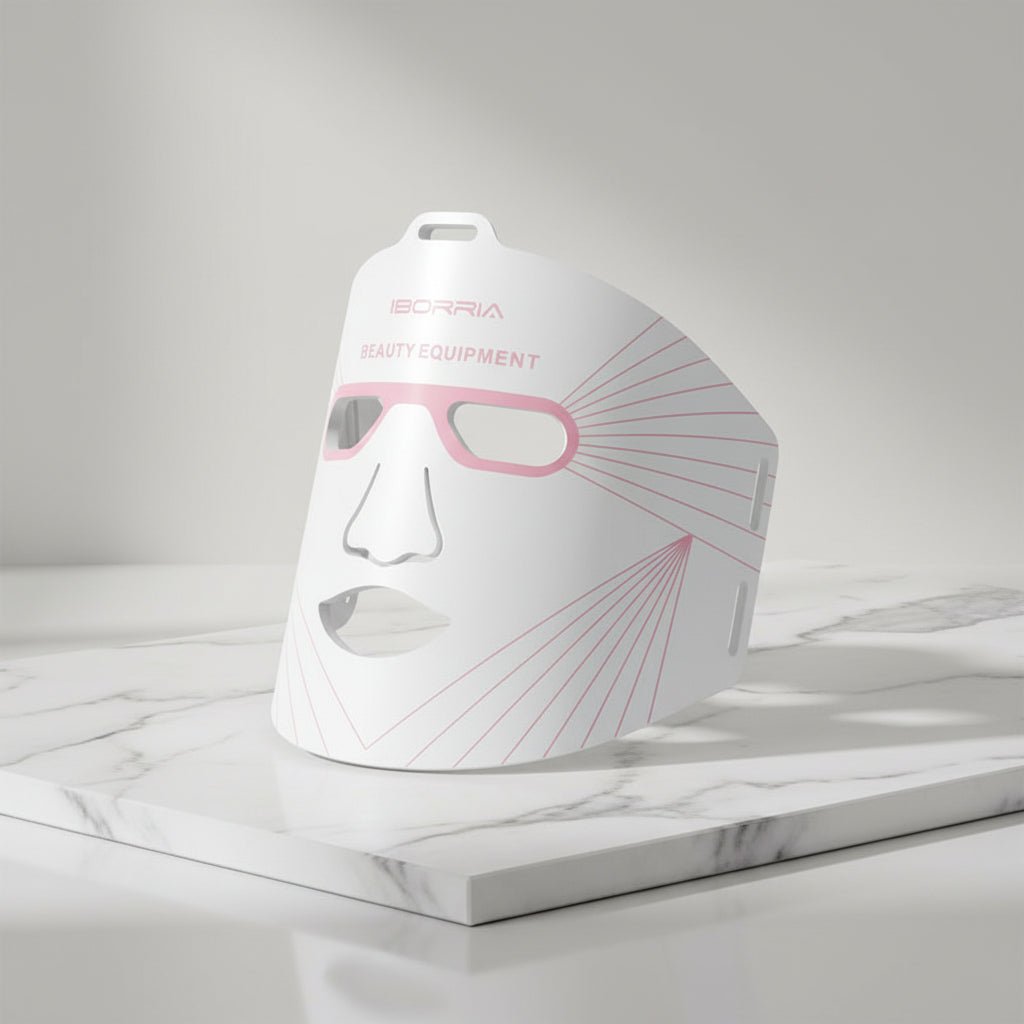 White beauty equipment mask with pink accents on a white background