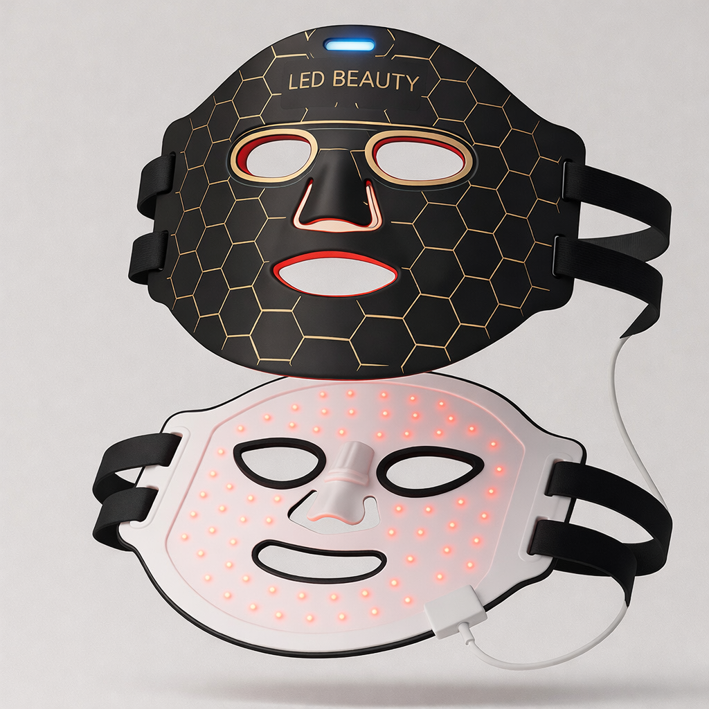 Two LED beauty masks, one black with honeycomb design and 'LED BEAUTY' text, the other white with red LED lights, on a light gray background.
