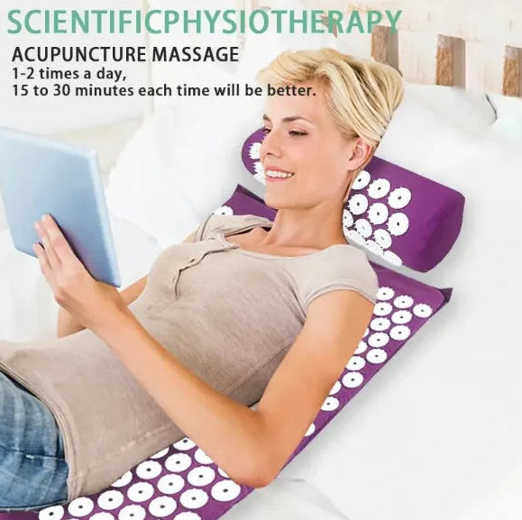 Woman lying on an acupressure mat with text about scientific physiotherapy.