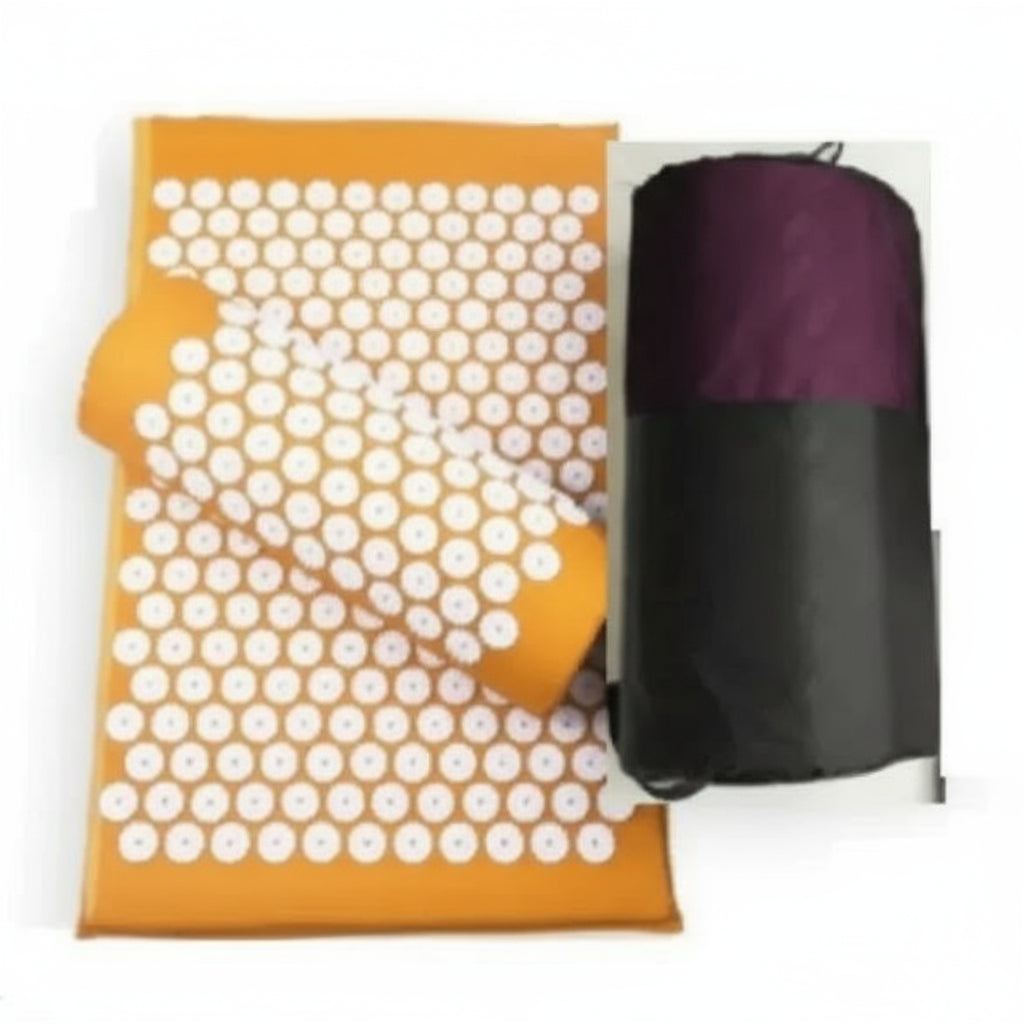 Acupressure mat with white dots on an orange background and a black and purple roller.