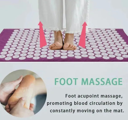Acupressure mat with feet on it, promoting blood circulation.