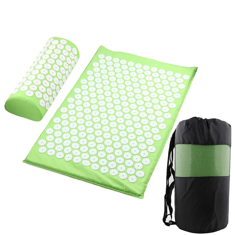 Green acupressure mat with white nodes and carrying bag on a white background